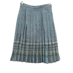 Dunedin Scotland Pure New Wool Pleated Midi Skirt Blue Green Stripe Vintage 14